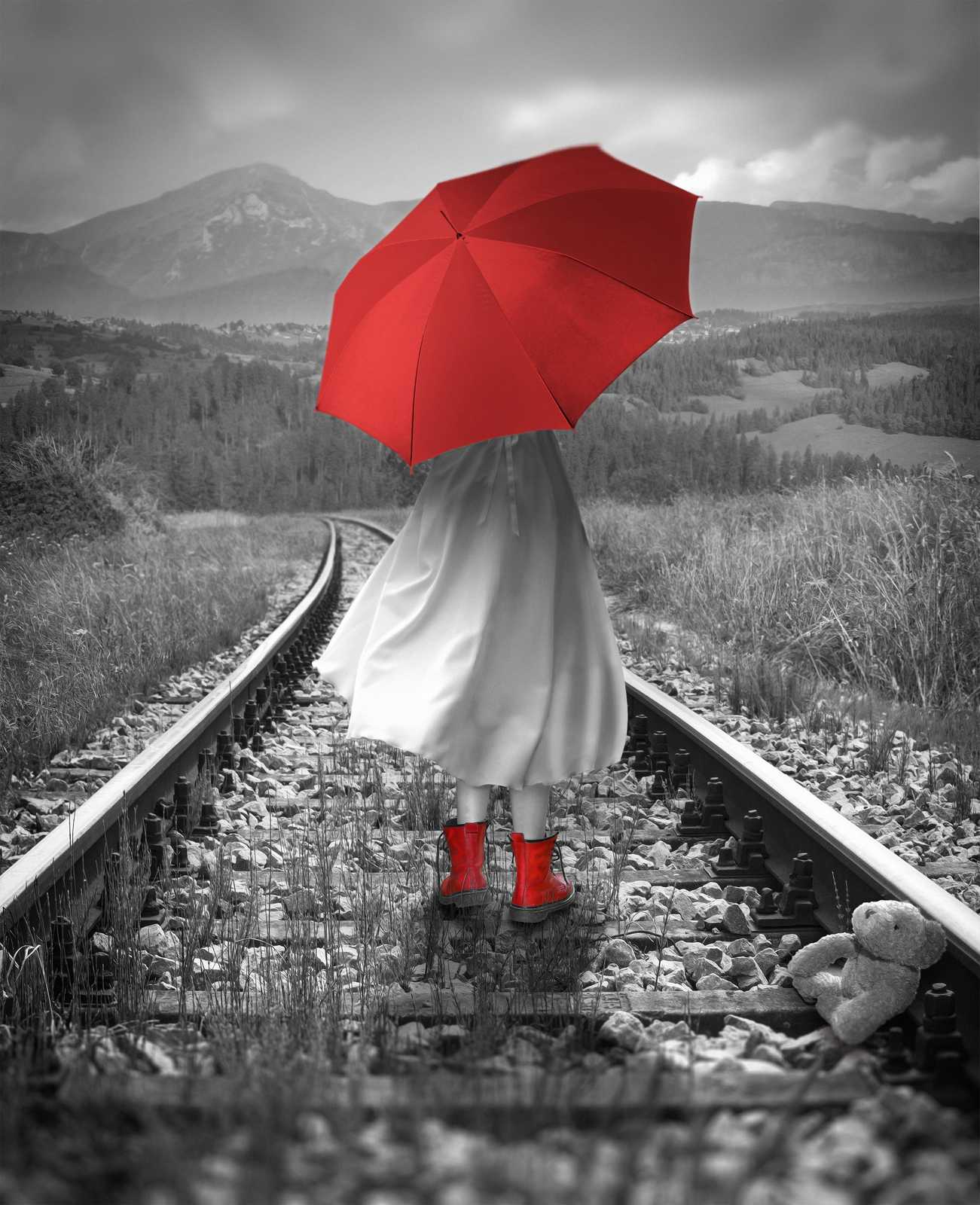 Vibrant Red Umbrella Girl Train Track Wall Art