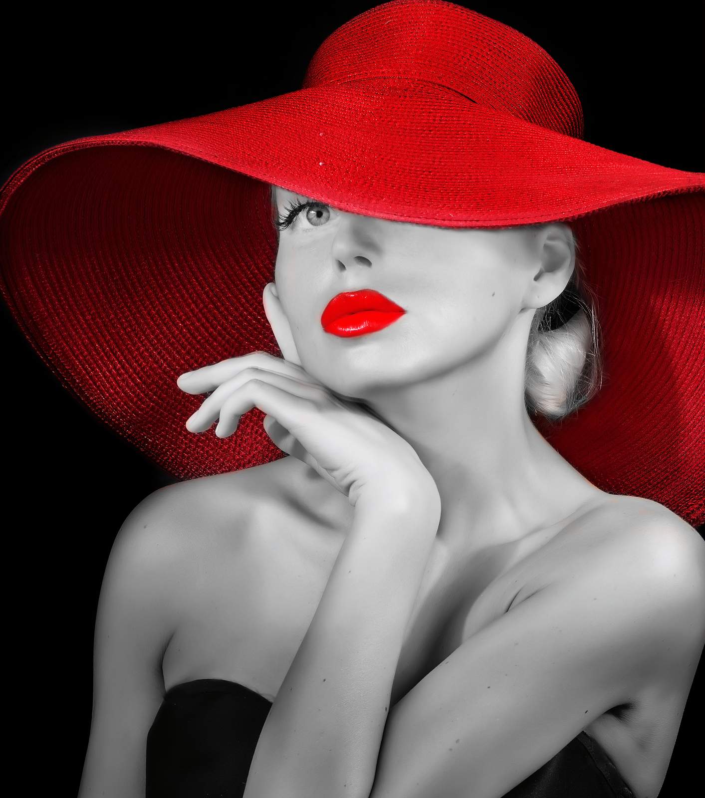 Elegant Woman Red Hat Bold Lips Wall Art