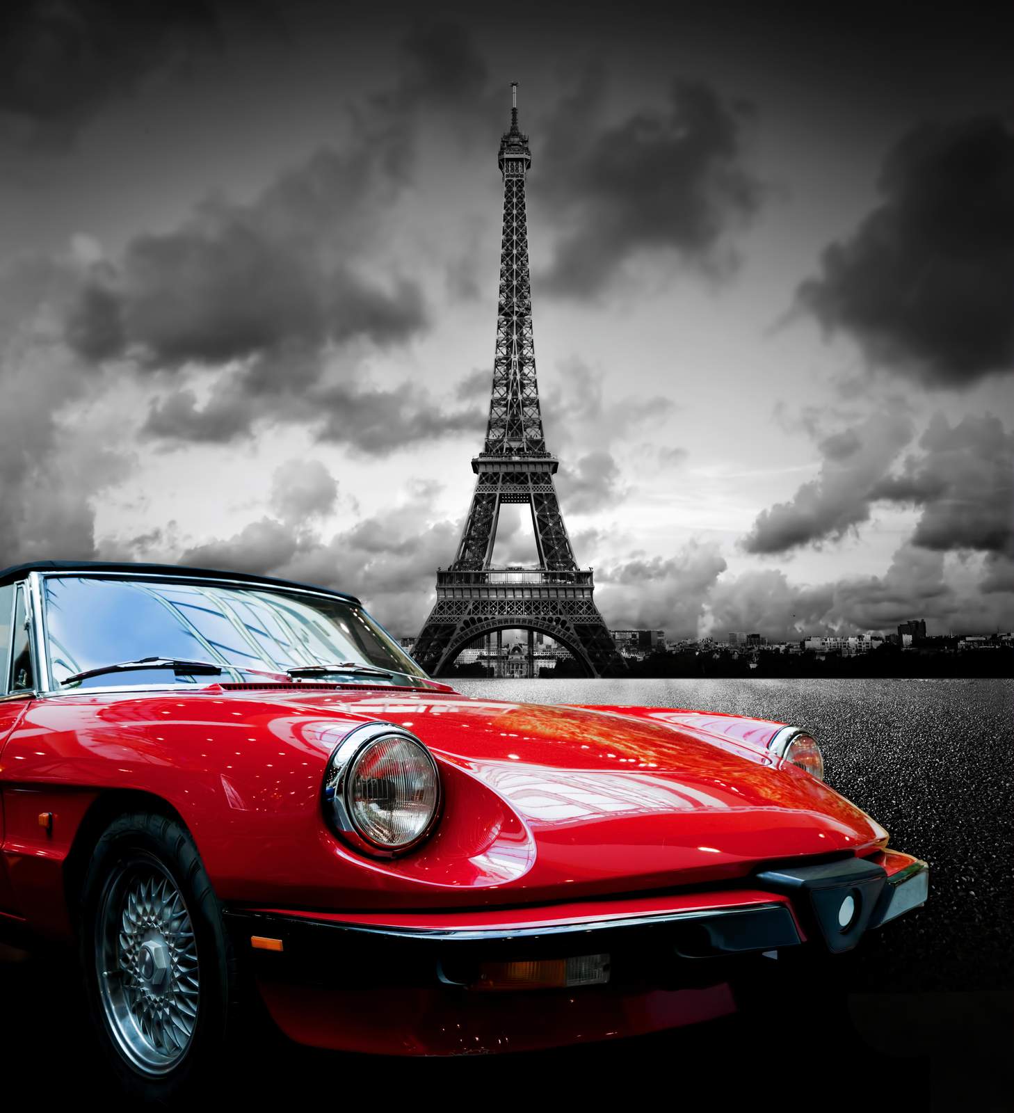 Vintage Red Car Eiffel Tower Paris Wall Art