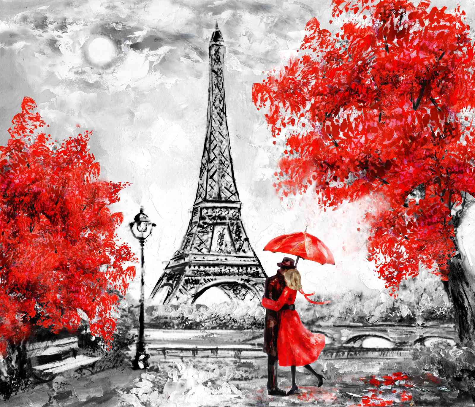 Romantic Paris Love Scene Eiffel Tower Wall Art