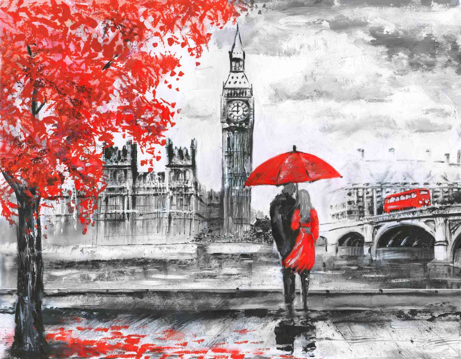 Romantic London Couple Red Umbrella Wall Art