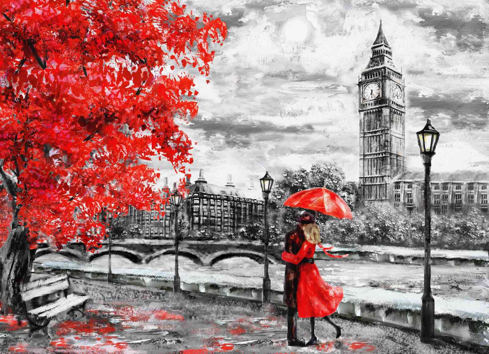 Romantic London Couple Red Tree Wall Art