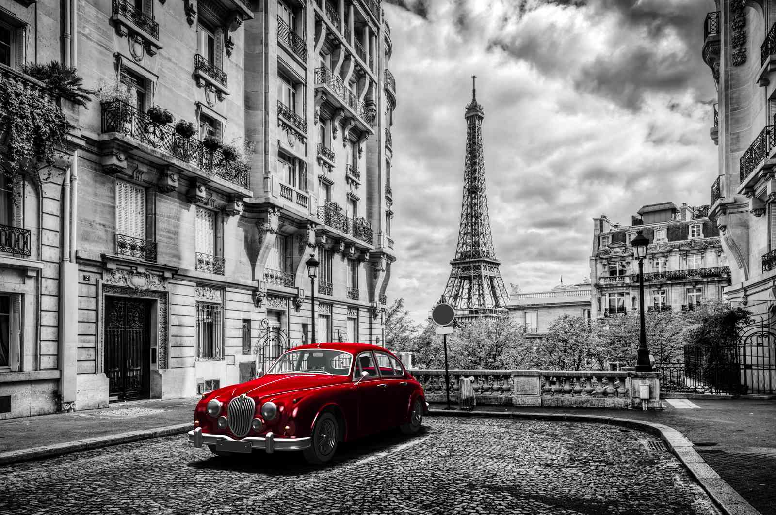 Vintage Red Car Paris Eiffel Tower Wall Art