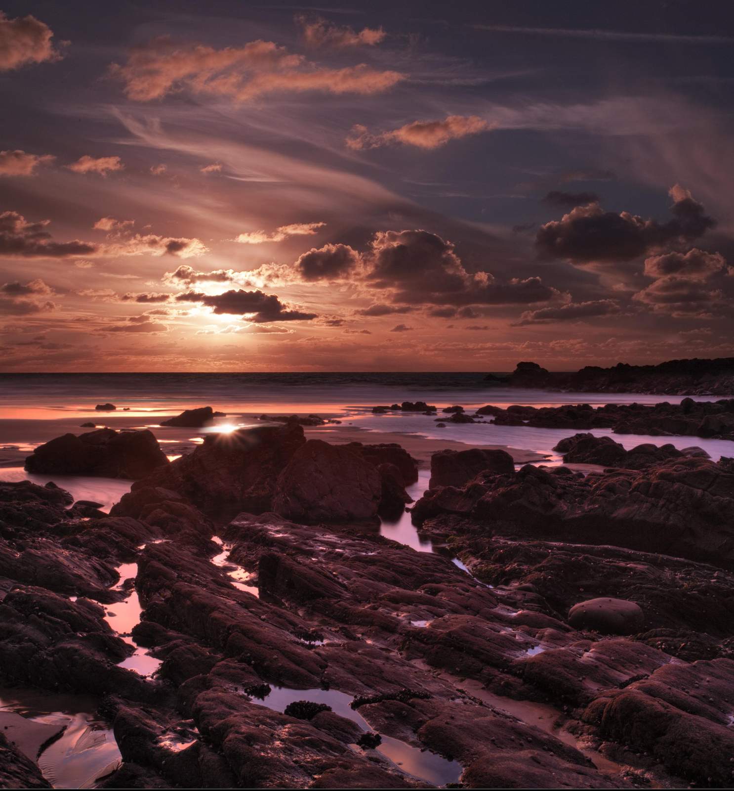 Dramatic Sunset Coastal Rocks Wall Art