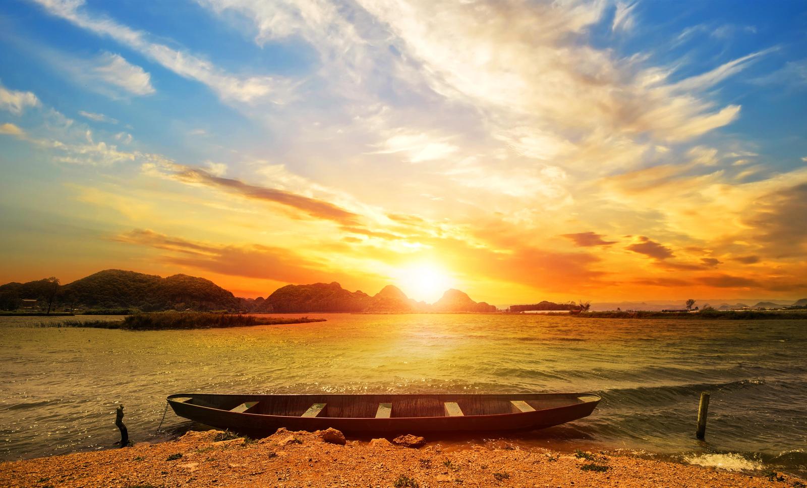 Serene Sunset Boat Landscape Wall Art