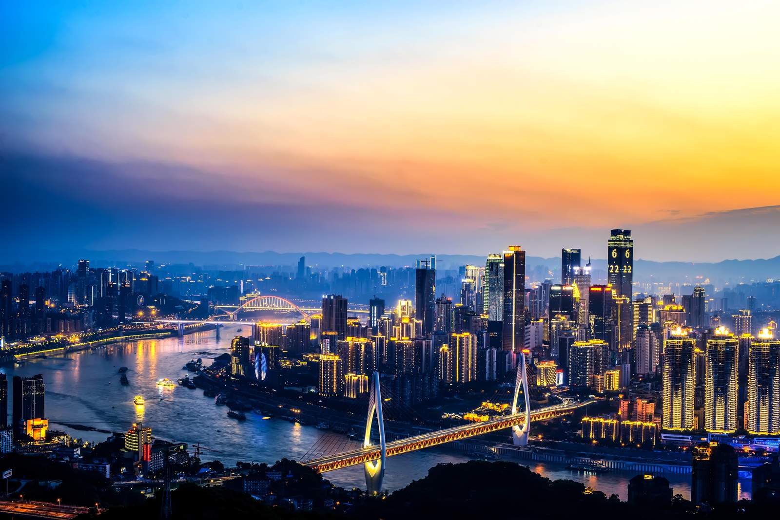 Modern Cityscape Twilight River Bridge Wall Art