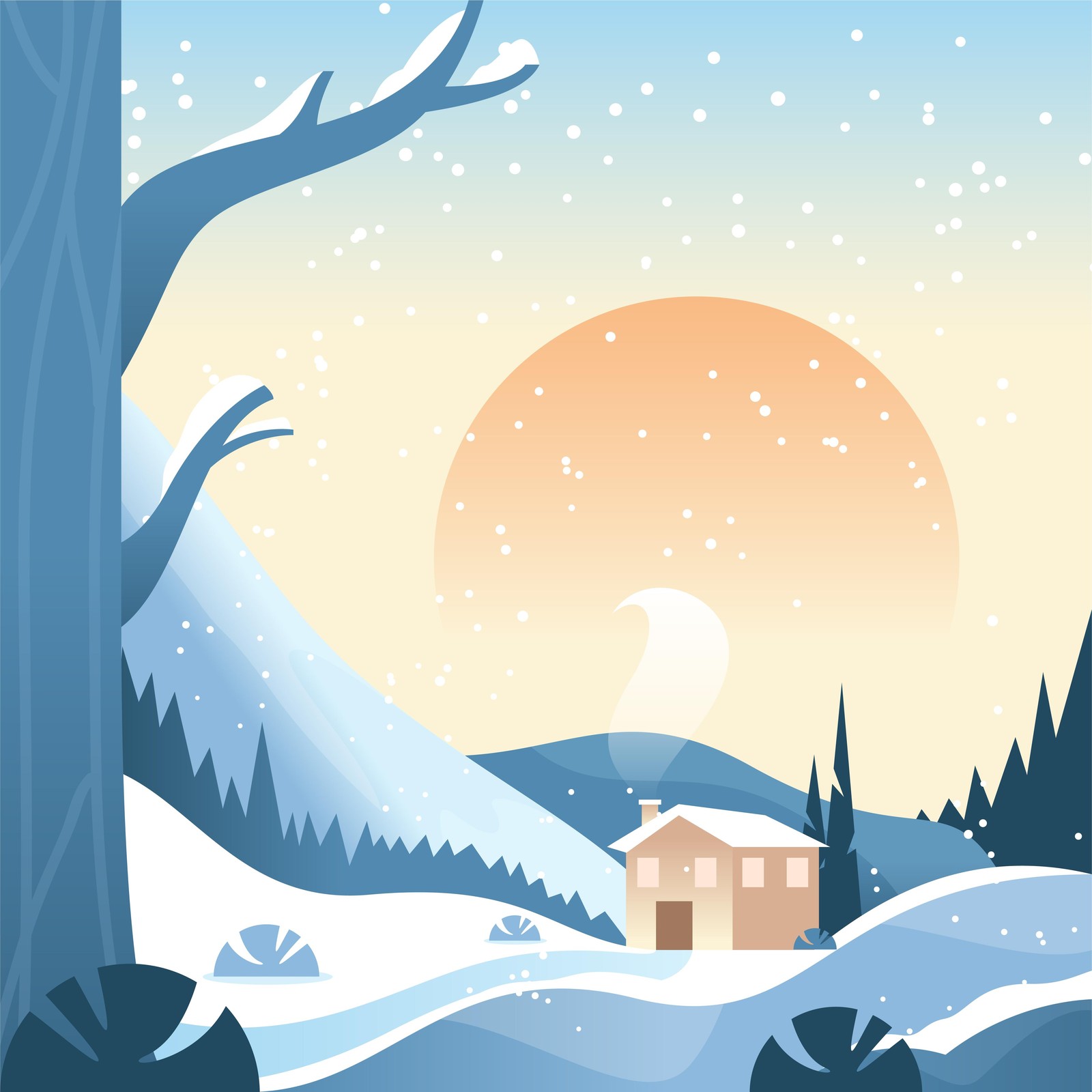 Cozy Winter Cabin Sunset Snowfall Wall Art