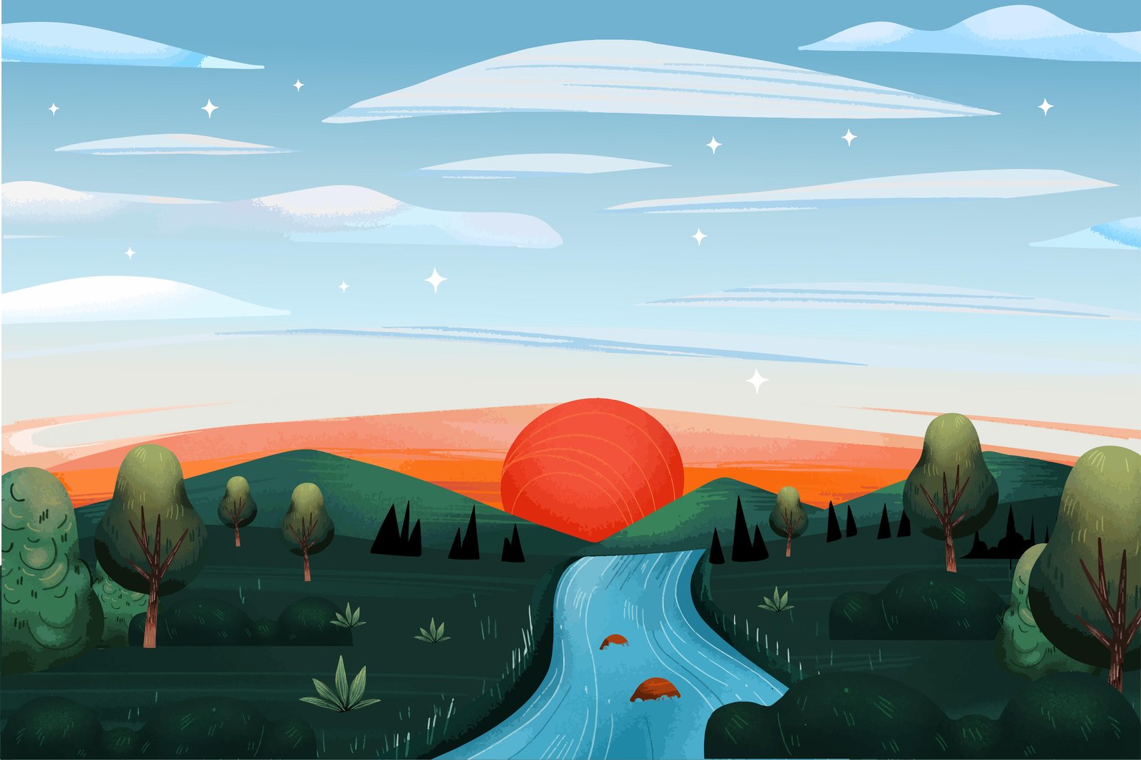 Vibrant Sunset River Landscape Wall Art