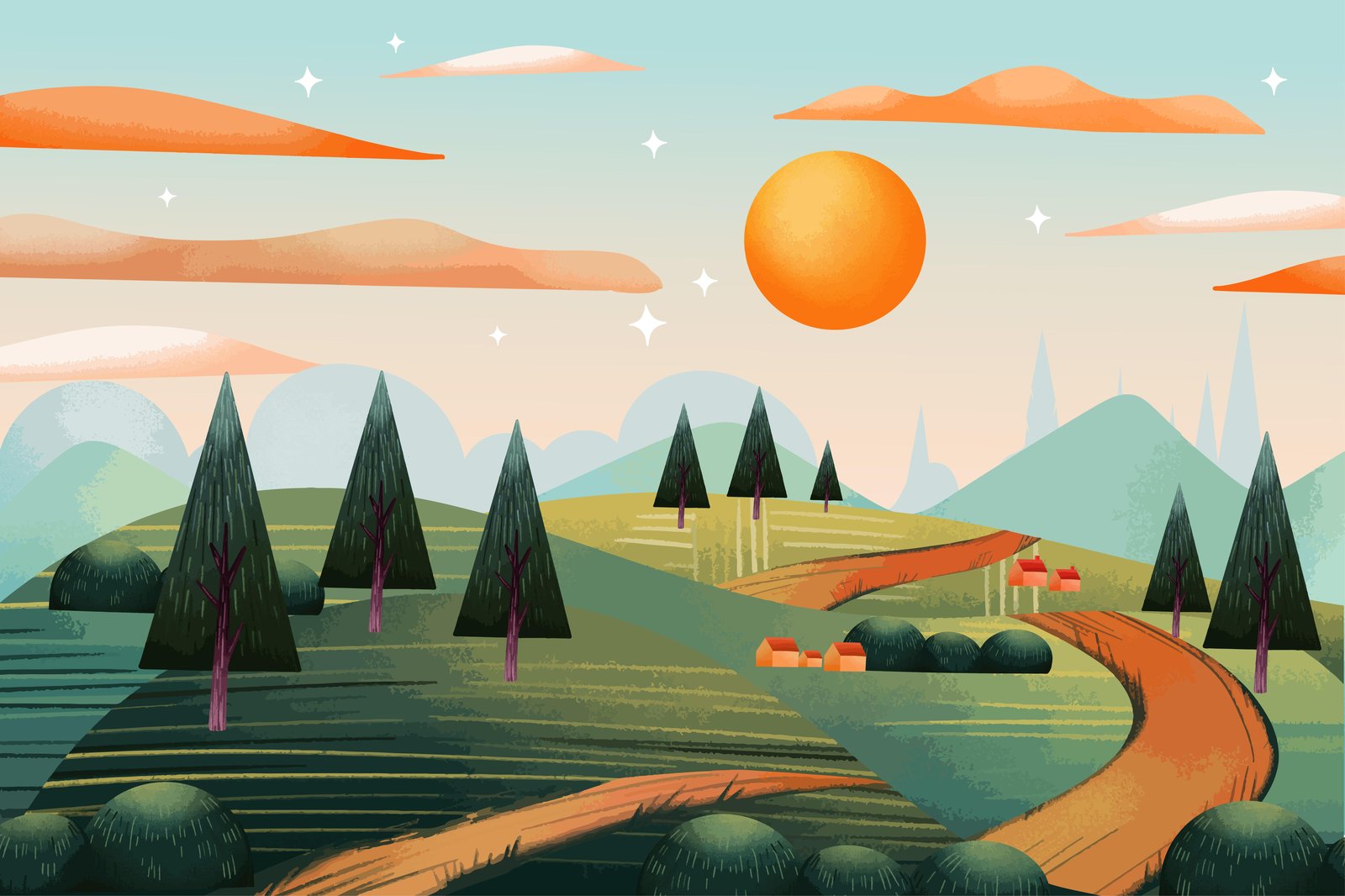 Dreamy Landscape Serene Village Wall Art