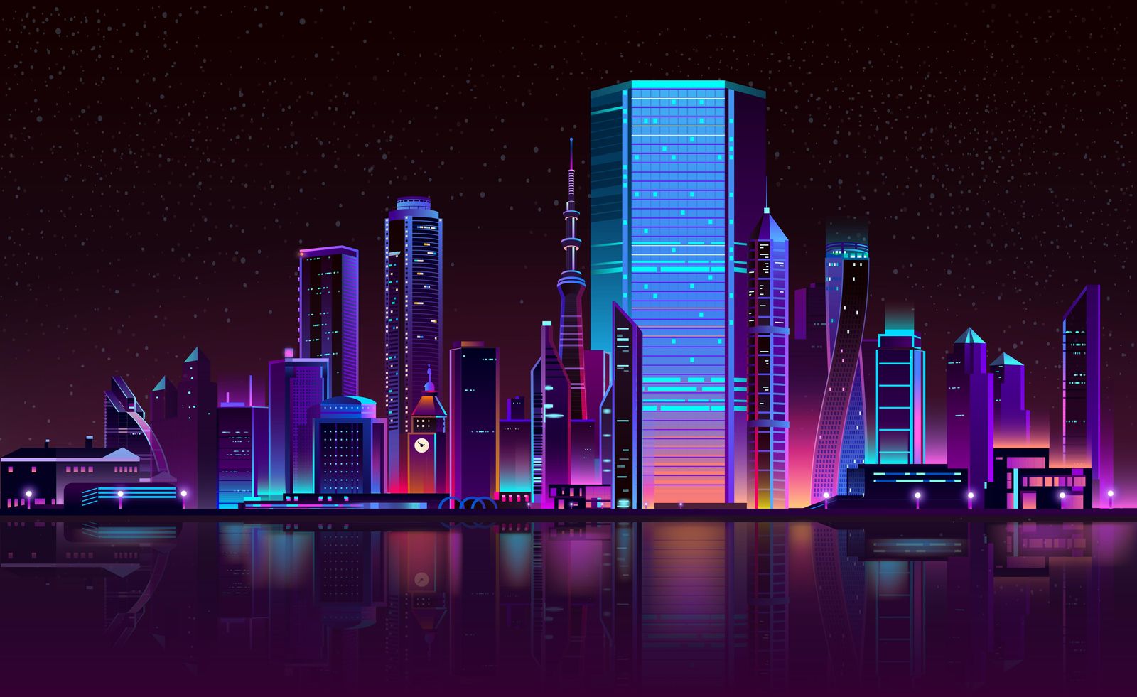 Neon Cityscape Reflection Wall Art