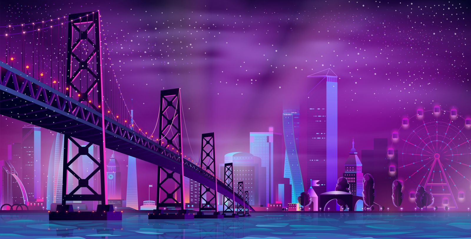 Neon Cityscape Bridge & Ferris Wheel Wall Art