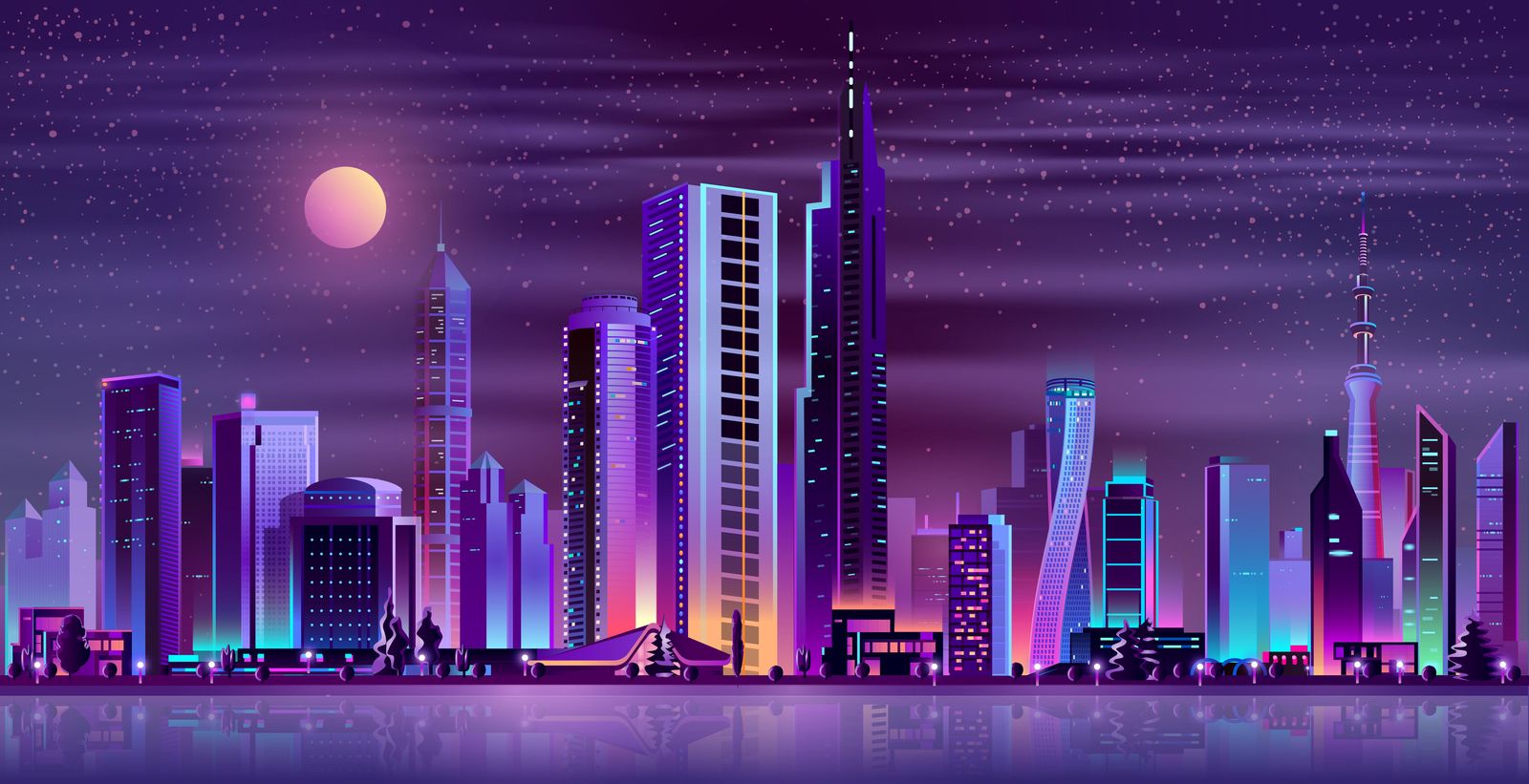 Vibrant Neon Cityscape Night Sky Wall Art