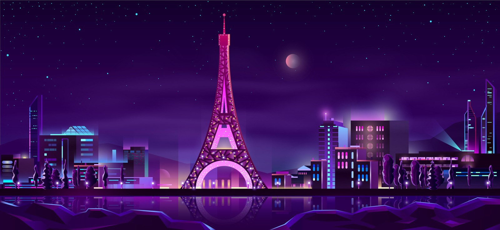 Eiffel Tower Neon Cityscape Wall Art