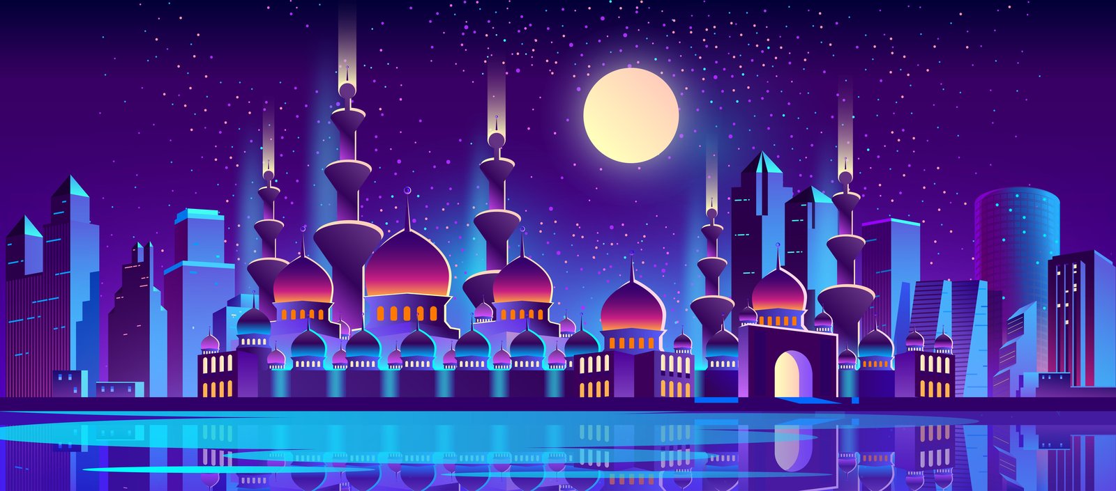 Neon Islamic Cityscape & Moon Wall Art