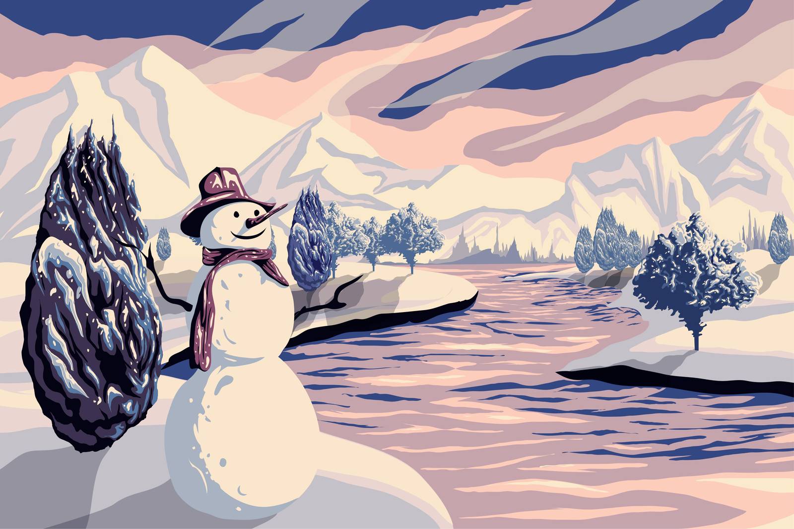 Charming Snowman Winter Landscape Wall Art