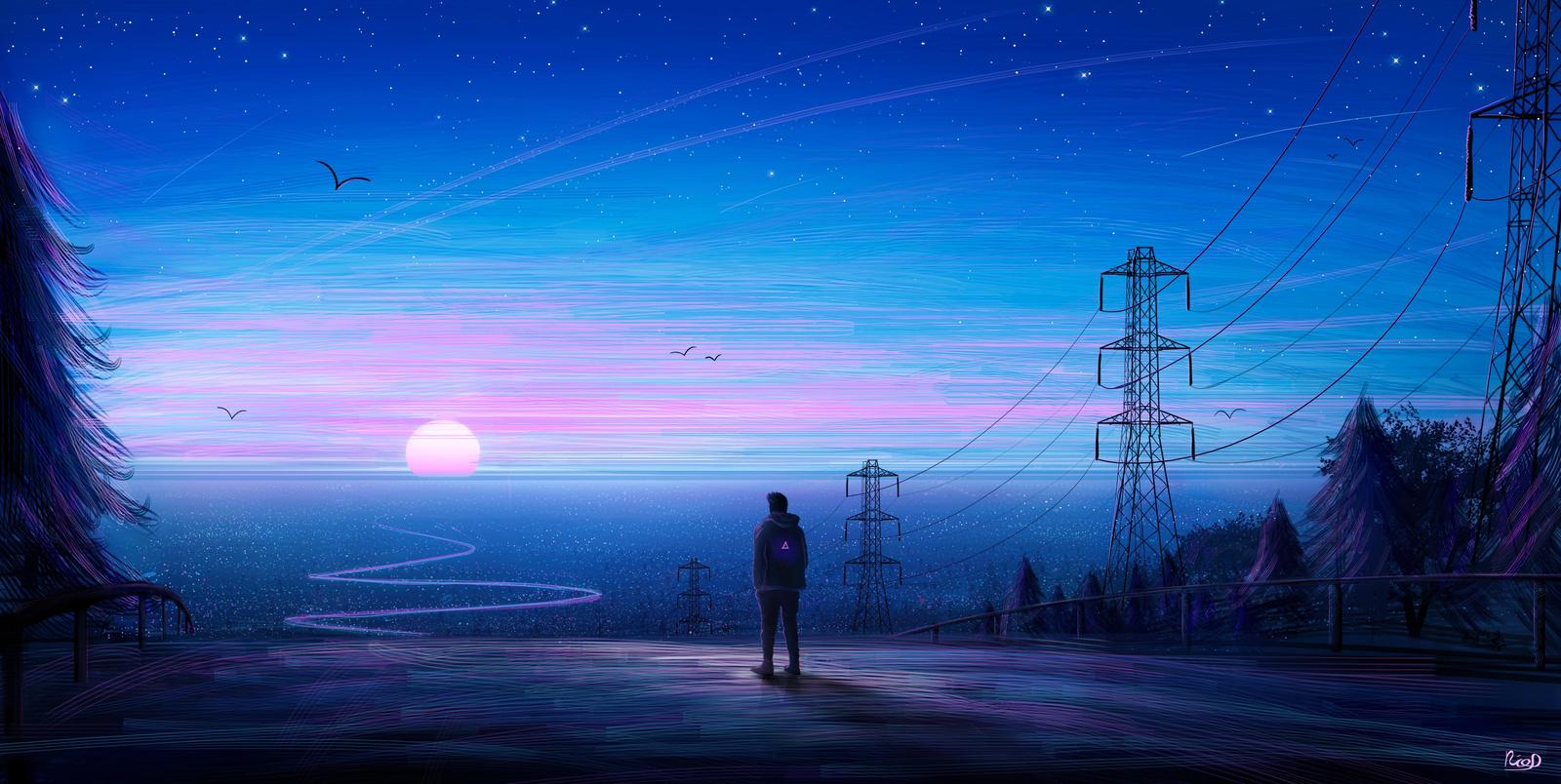 Synthwave Sunset & Powerline Landscape Wall Art