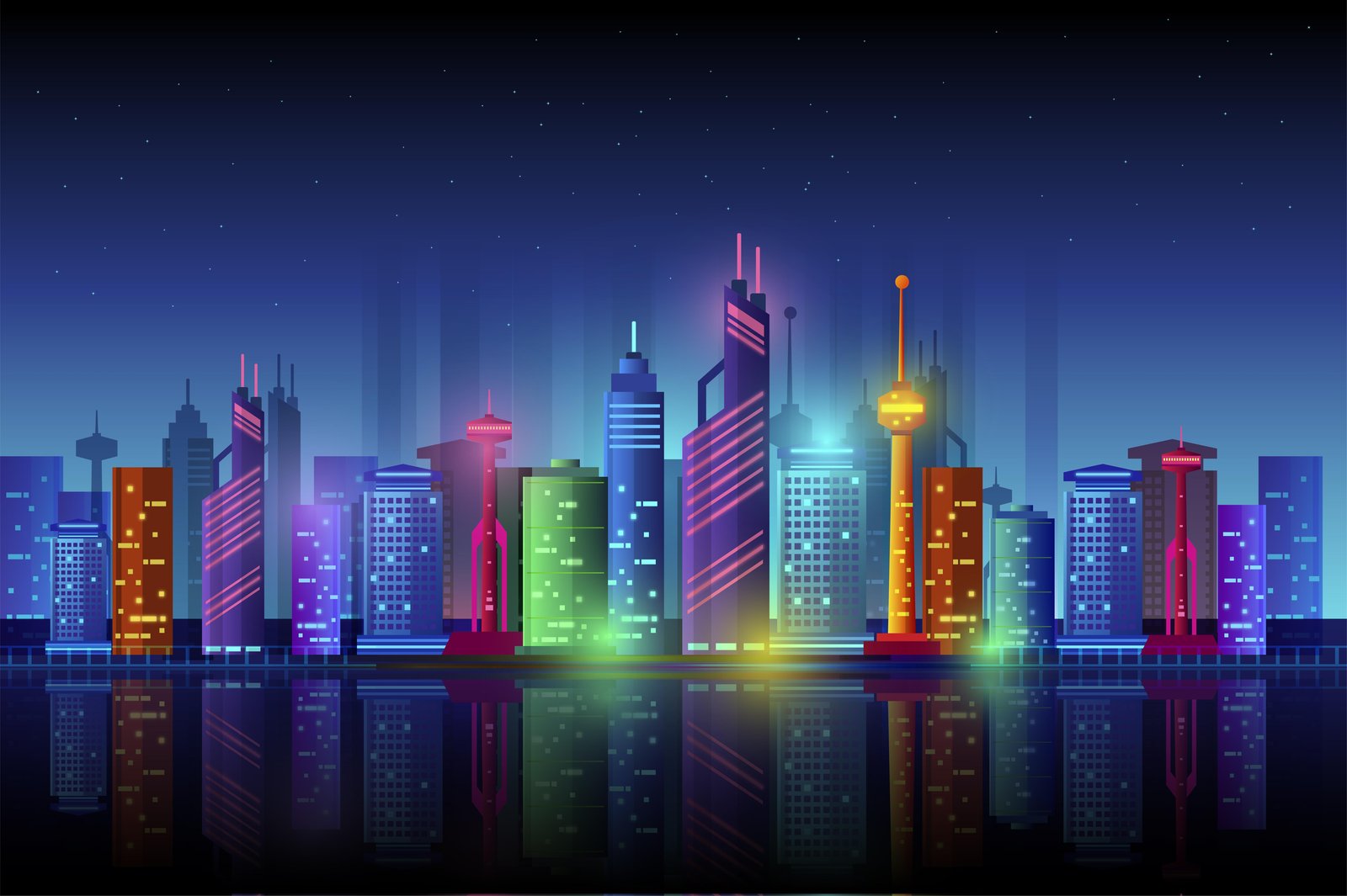 Neon City Skyline Geometric Wall Art