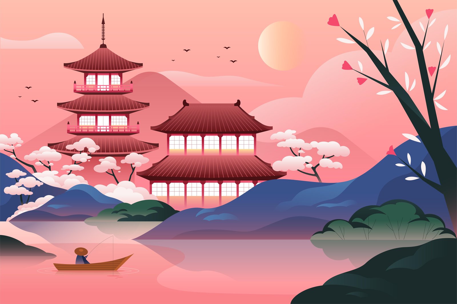 Serene Pagoda & Fishing Boat Japanese Landscape Wall Art