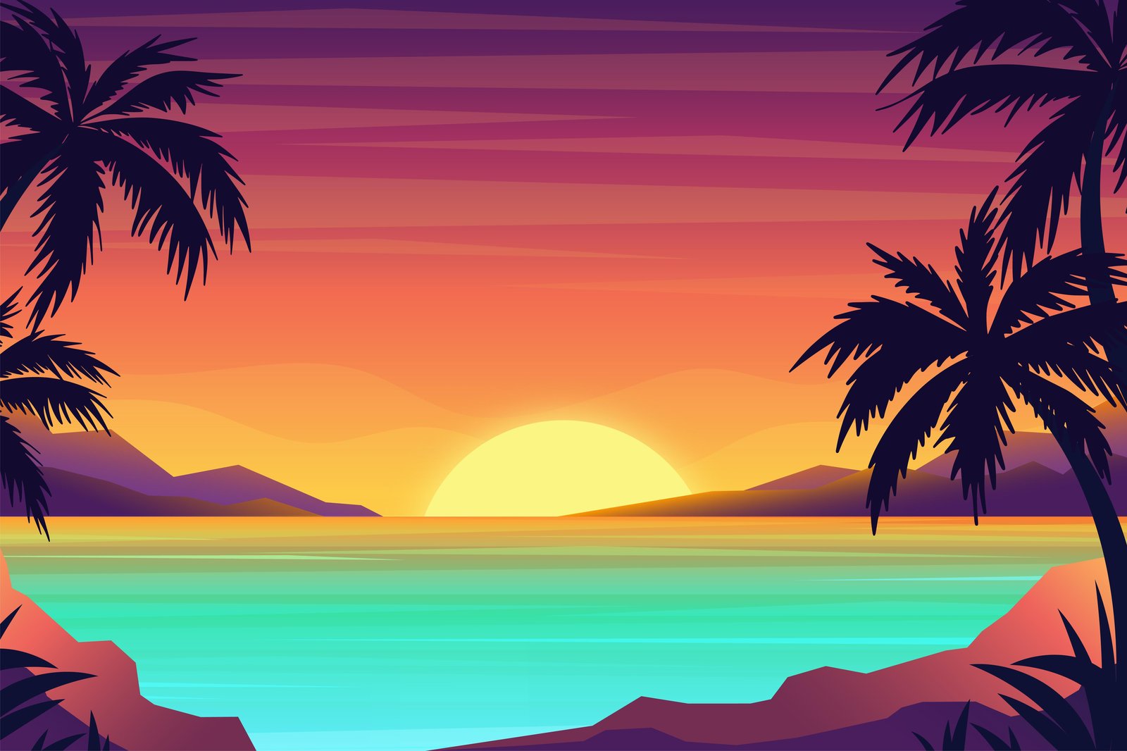 Tropical Sunset Palm Beach Wall Art