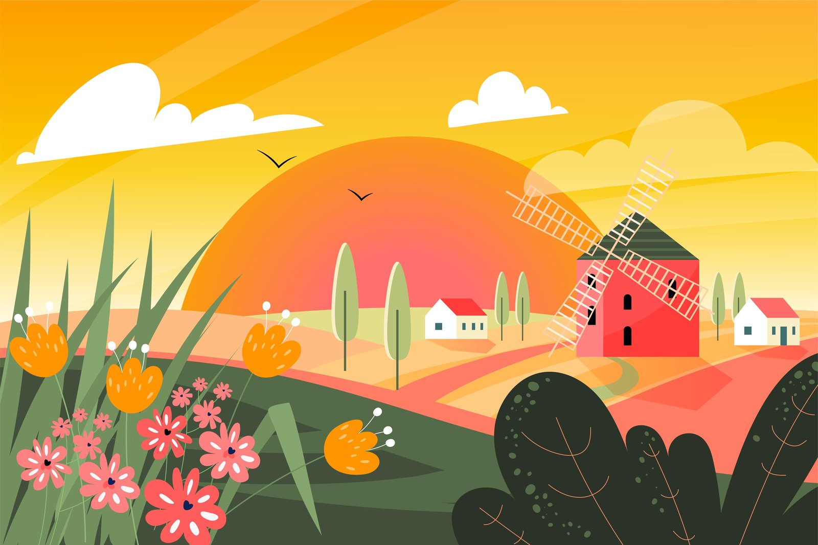 Vibrant Dutch Countryside Windmill Wall Art