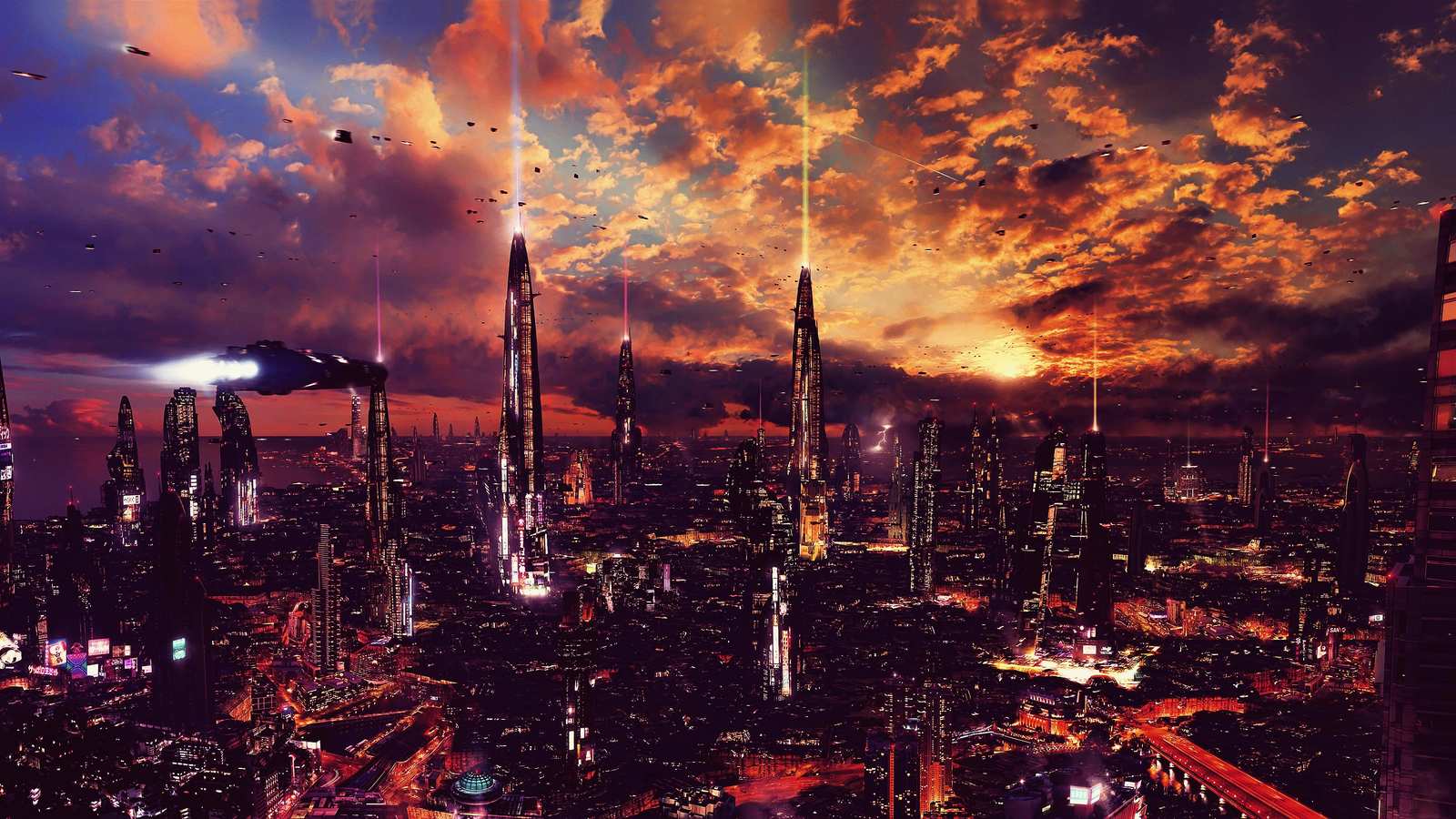 Futuristic Cityscape with Flying Cars Wall Art