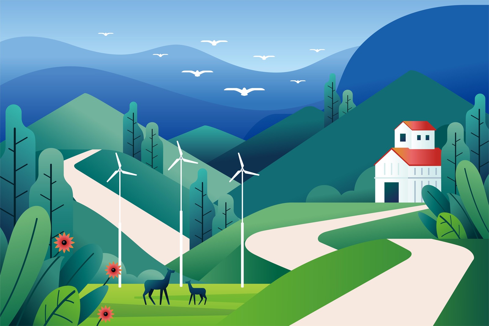 Serene Eco-Landscape Windmill Wall Art