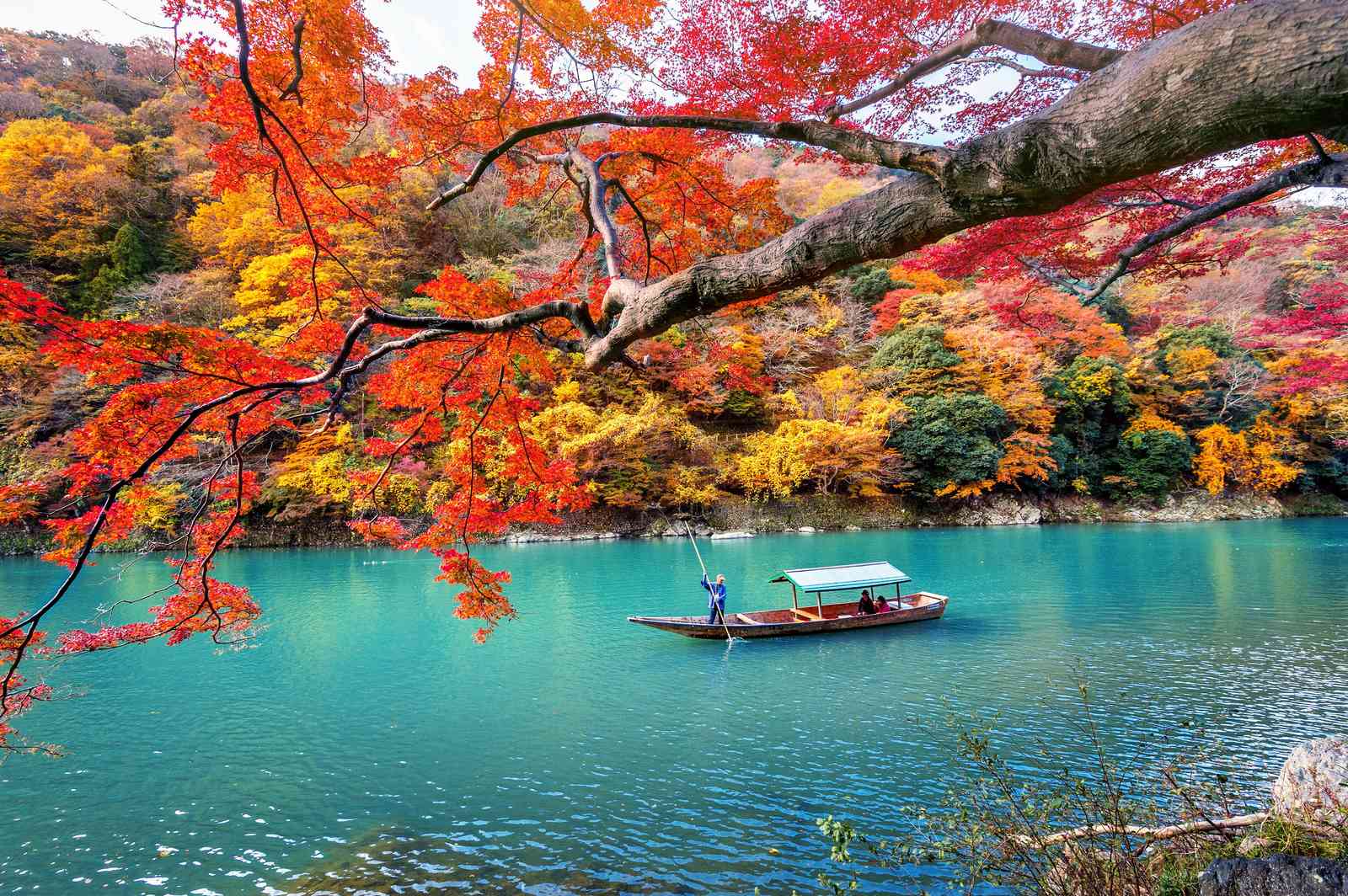 Serene Autumn River Boat Ride Wall Art