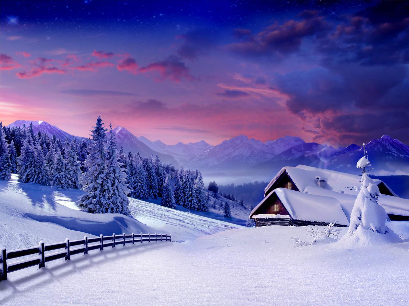 Cozy Winter Cabin Sunset Landscape Wall Art