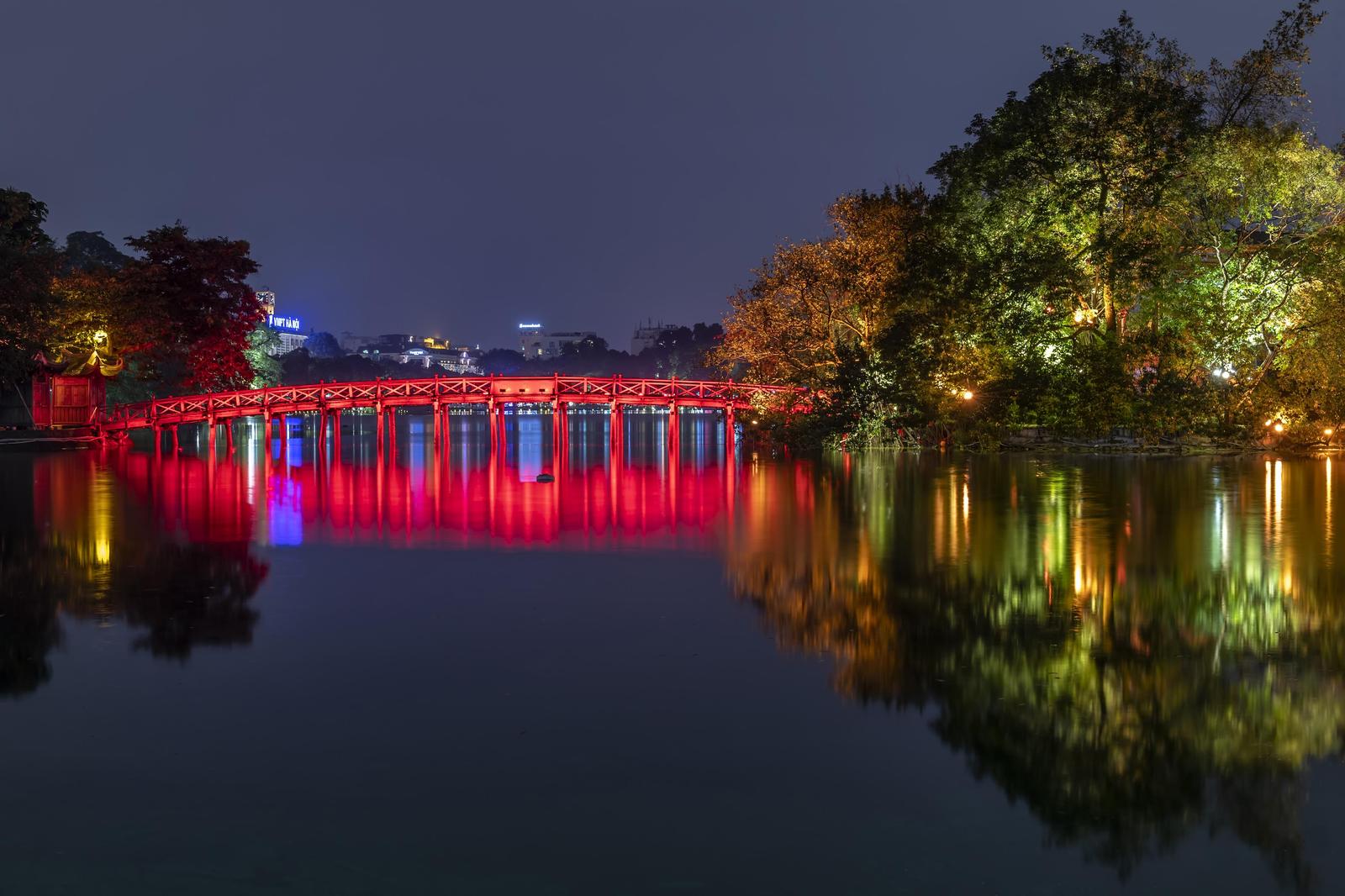 Vibrant Red Bridge Night Scape Wall Art