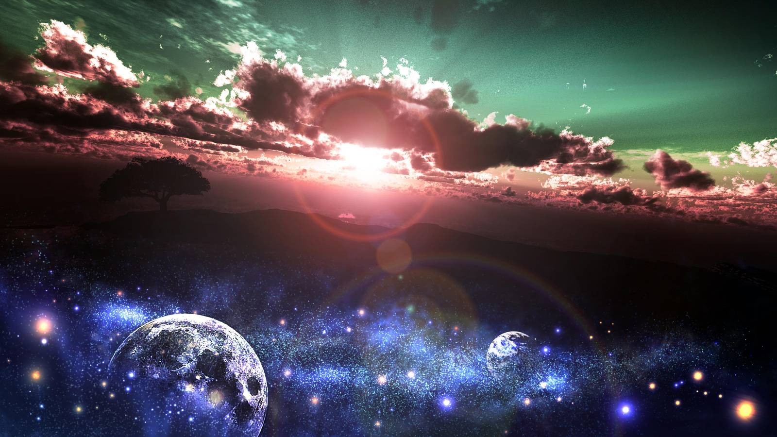Cosmic Dreamscape Tree & Planets Wall Art