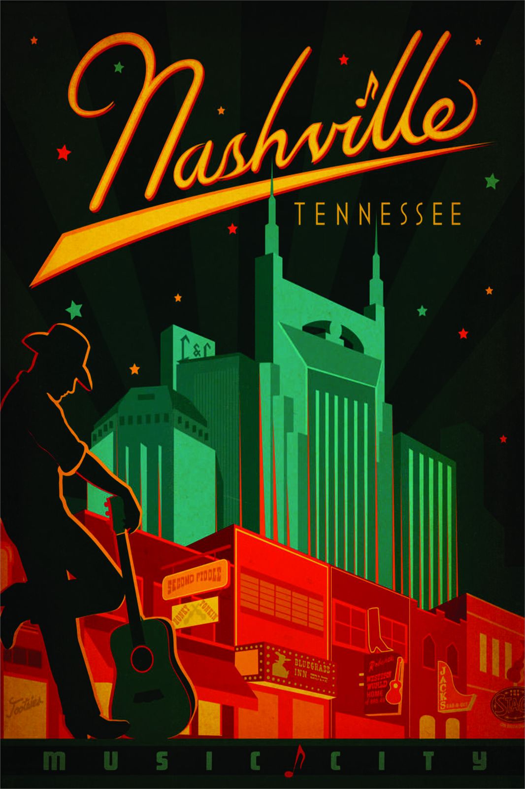 Vintage Nashville Music City Guitar Wall Art