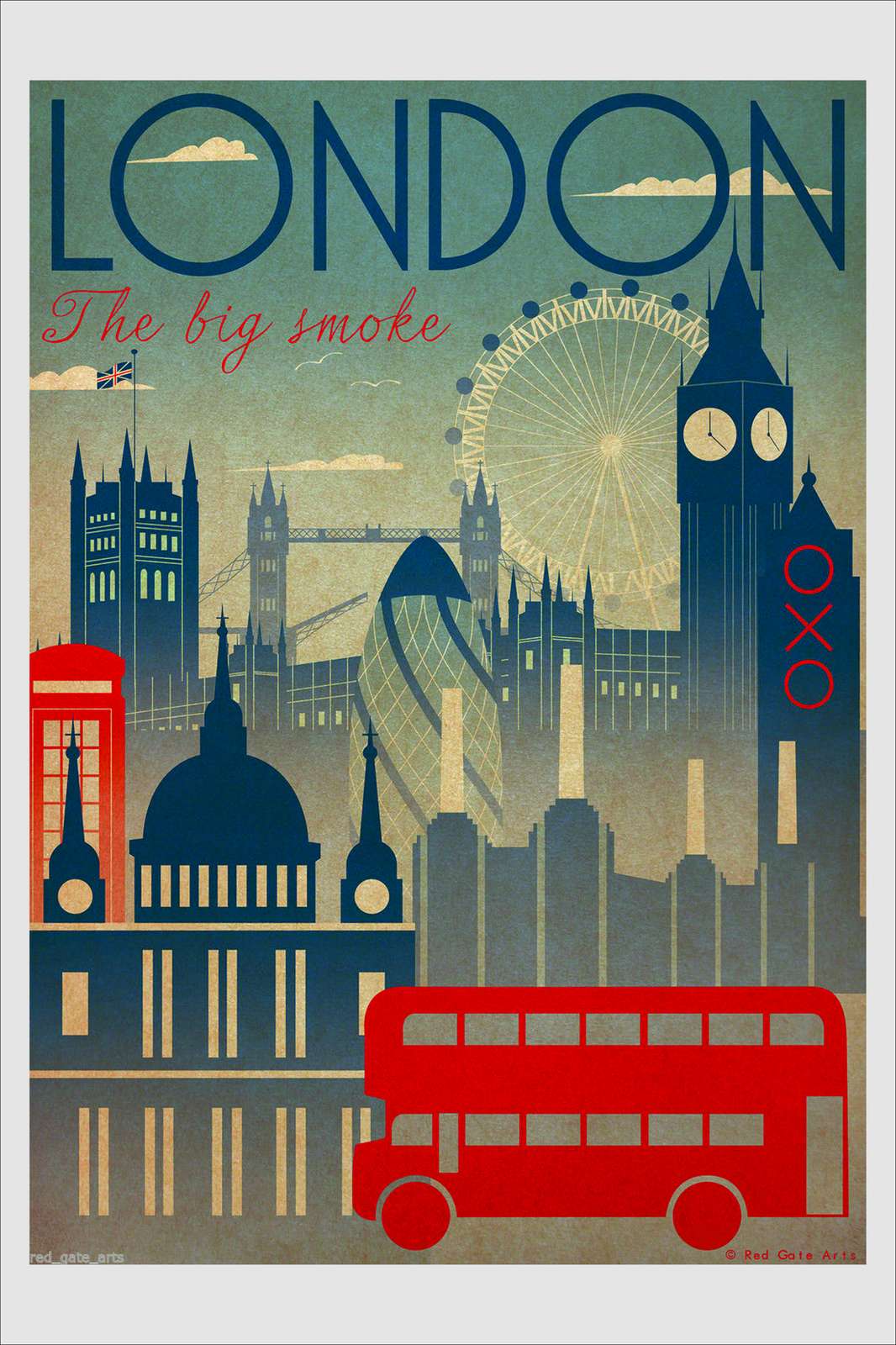 Vintage London Skyline Red Bus Wall Art