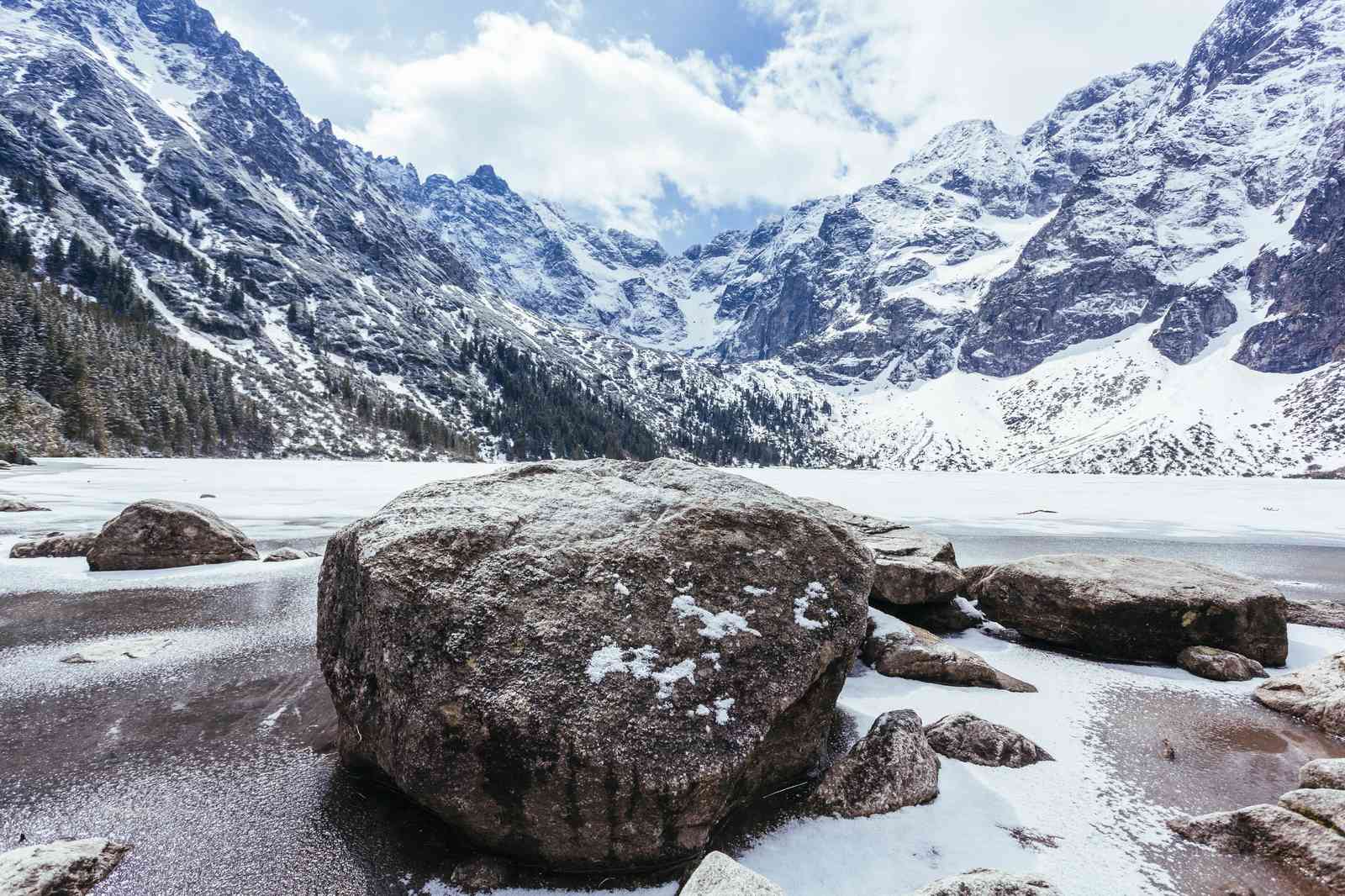 Majestic Snowy Mountain Lake Rocks Wall Art