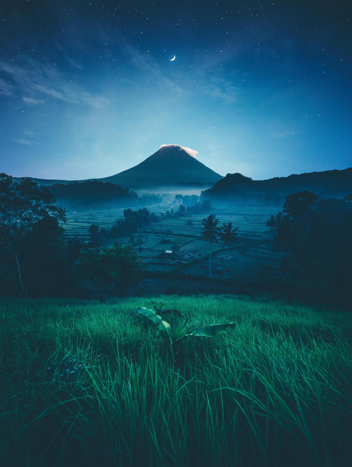 Serene Volcano Night Bali Landscape Wall Art