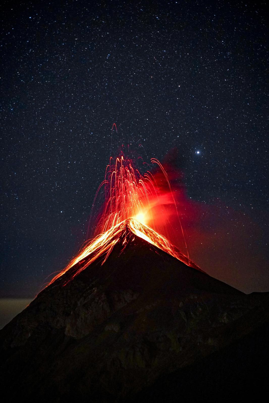Fiery Volcano Eruption Under Starry Sky Wall Art