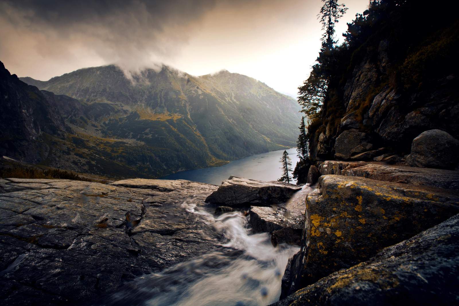 Misty Mountain Lake Waterfall Landscape Wall Art