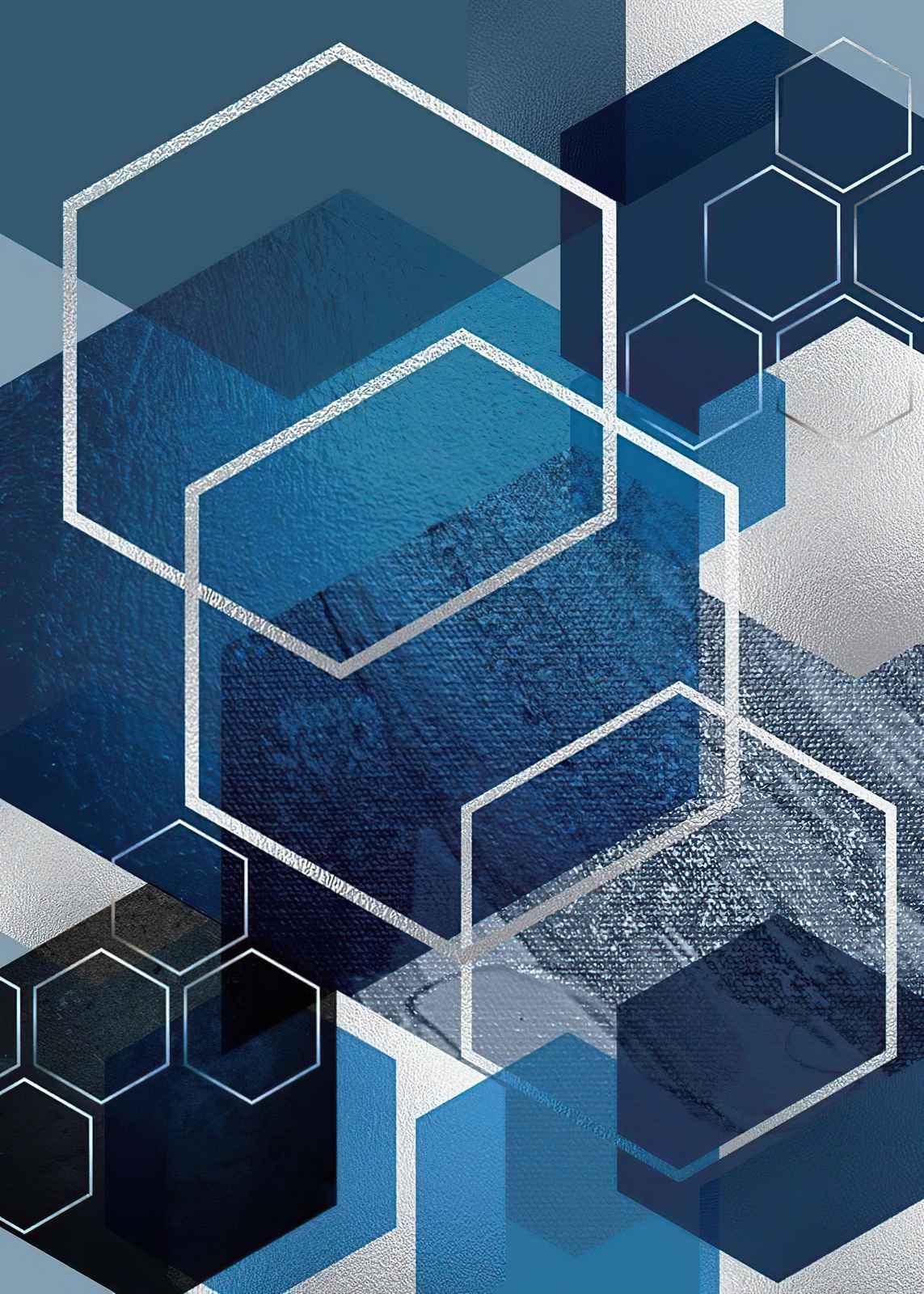 Geometric Hexagon Abstract Blue Silver Wall Art