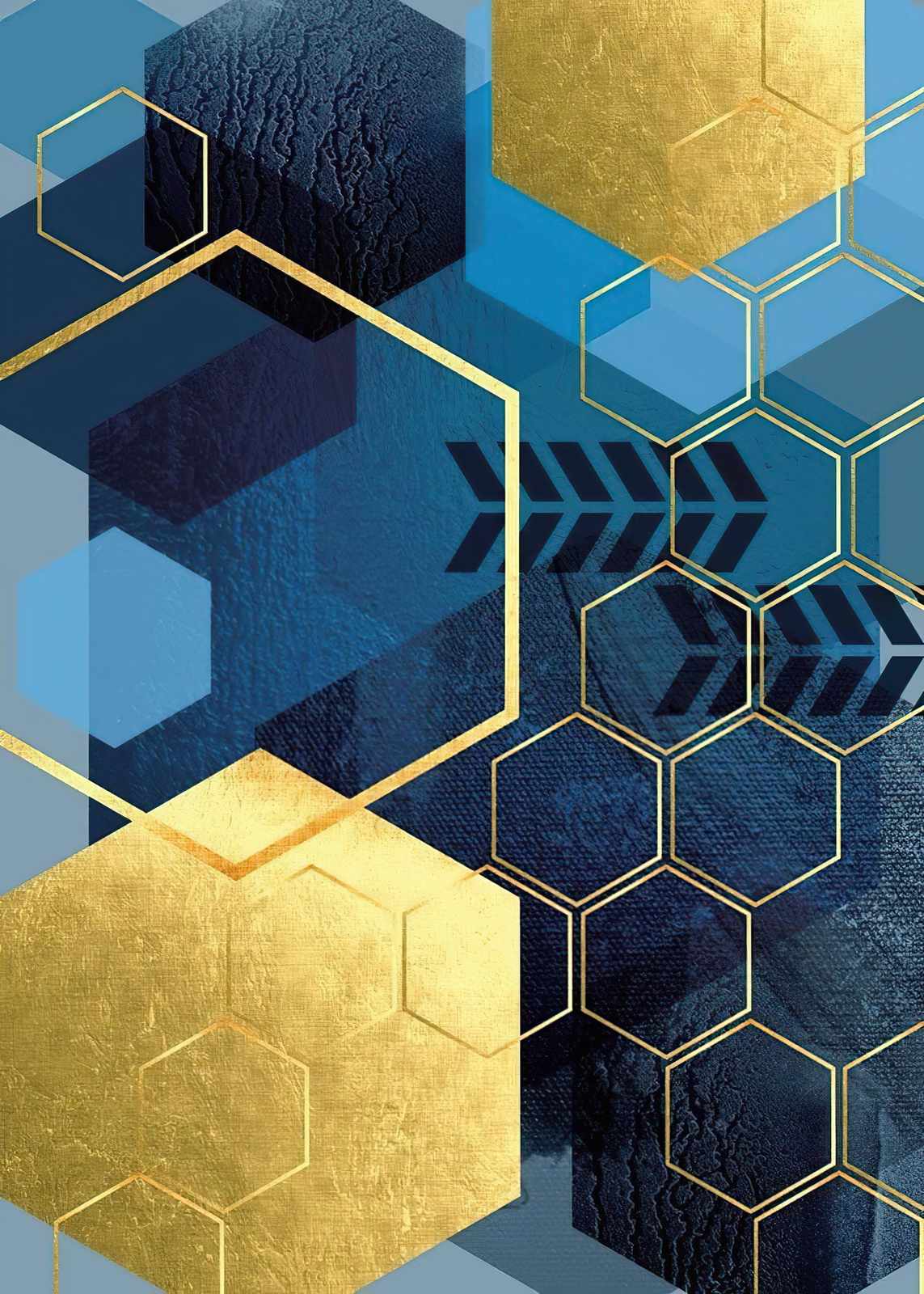 Gold Hexagon Geometric Blue Wall Art