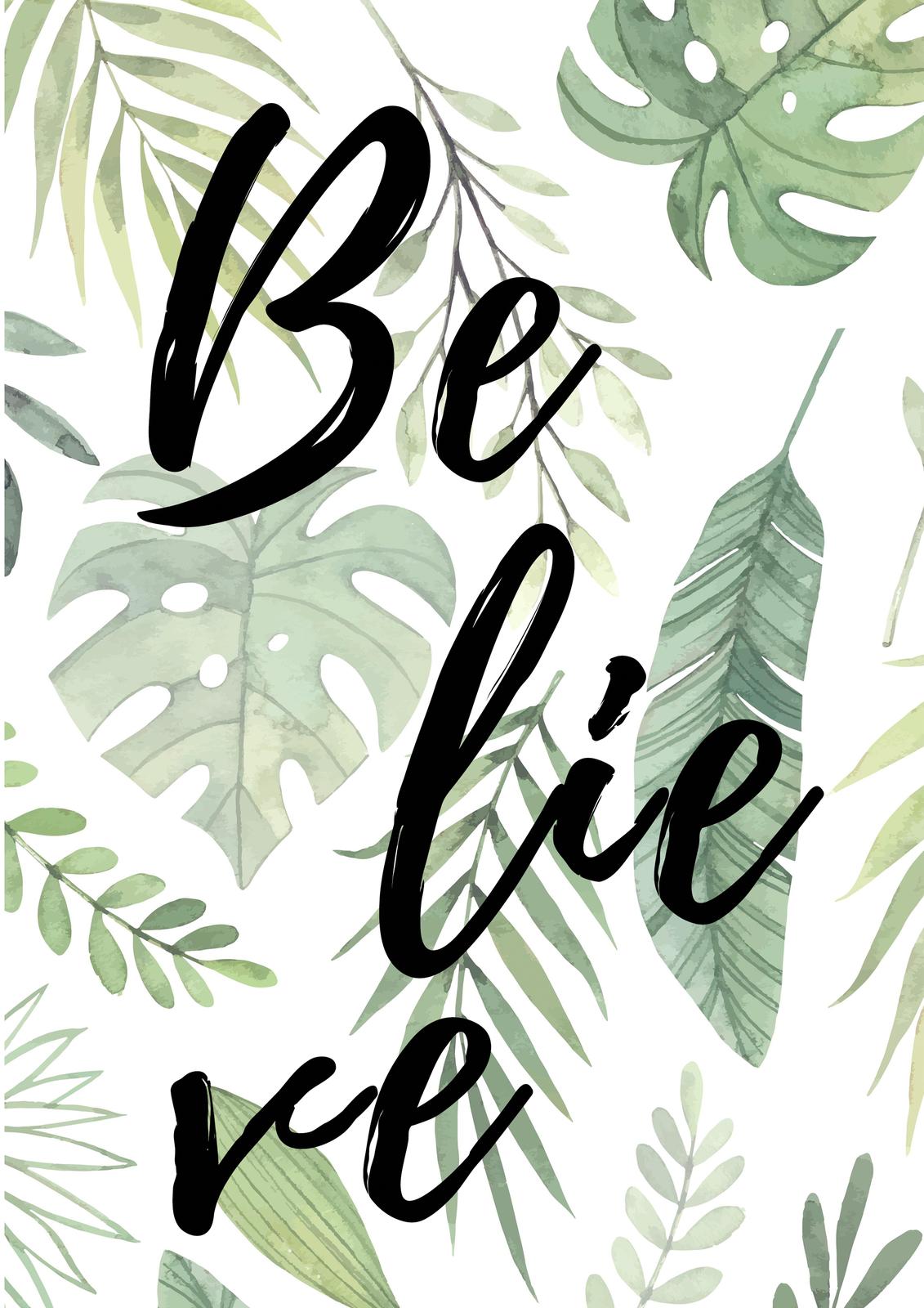 Believe Tropical Leaf Watercolor Wall Art