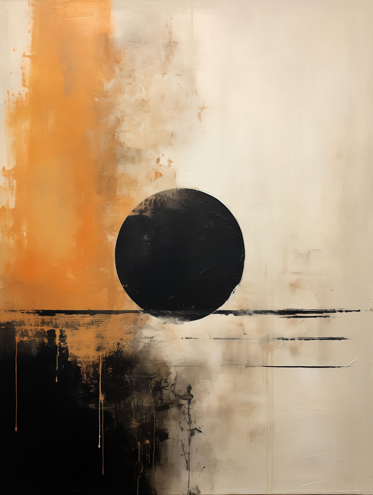 Abstract Black Circle & Ochre Splash Wall Art