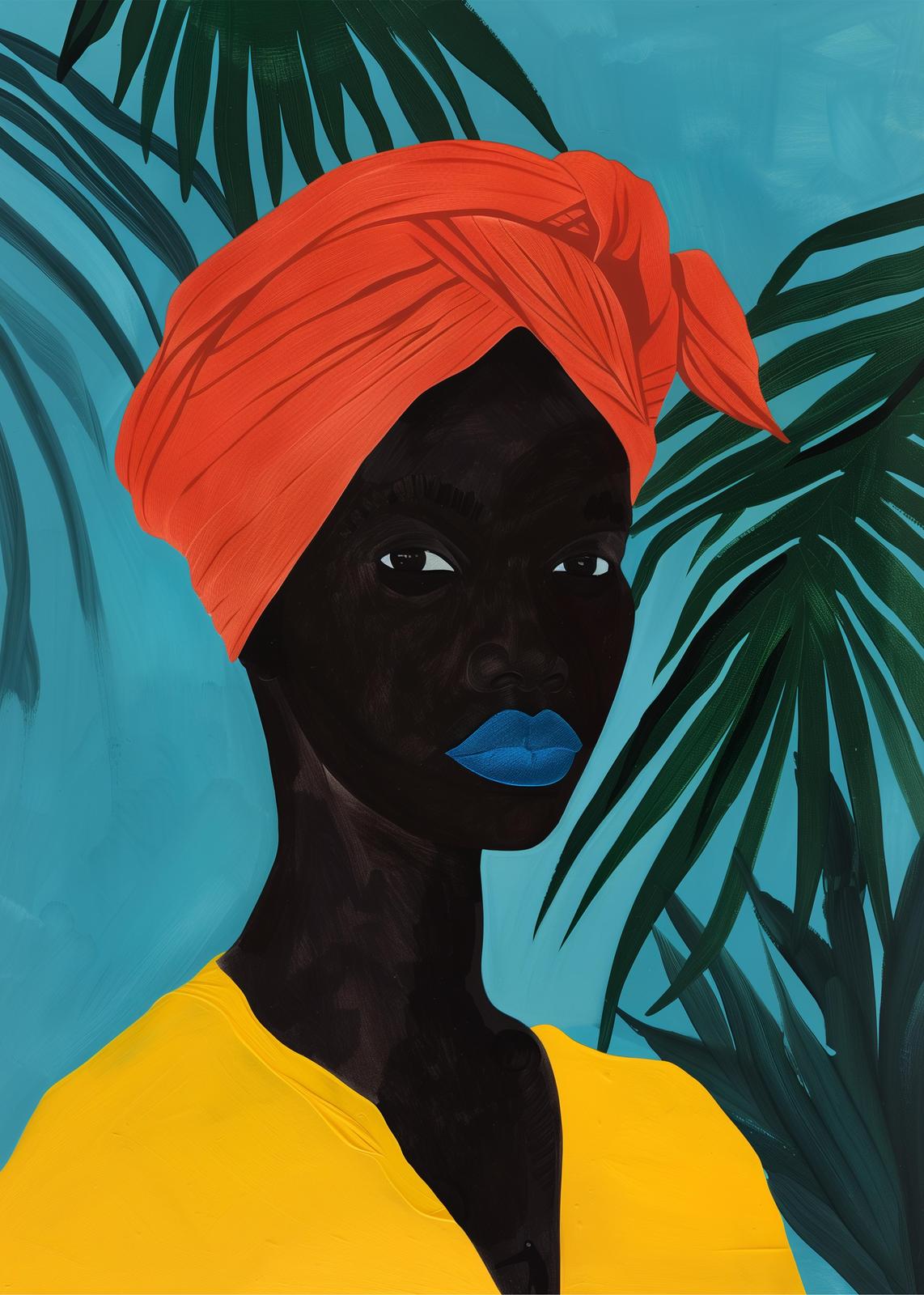 Vibrant Portrait Bold Turban & Blue Lips Wall Art