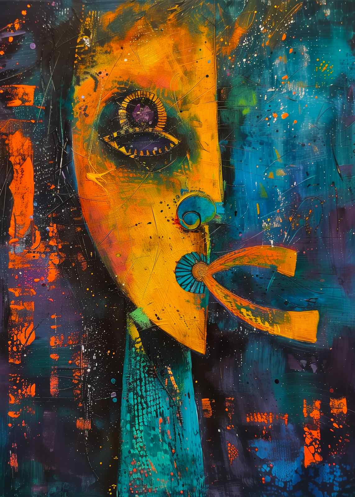 Abstract Face Bold Orange Teal Wall Art
