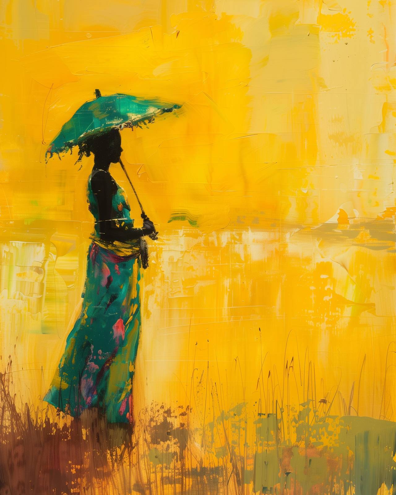 Vibrant Yellow Woman with Umbrella Wall Art