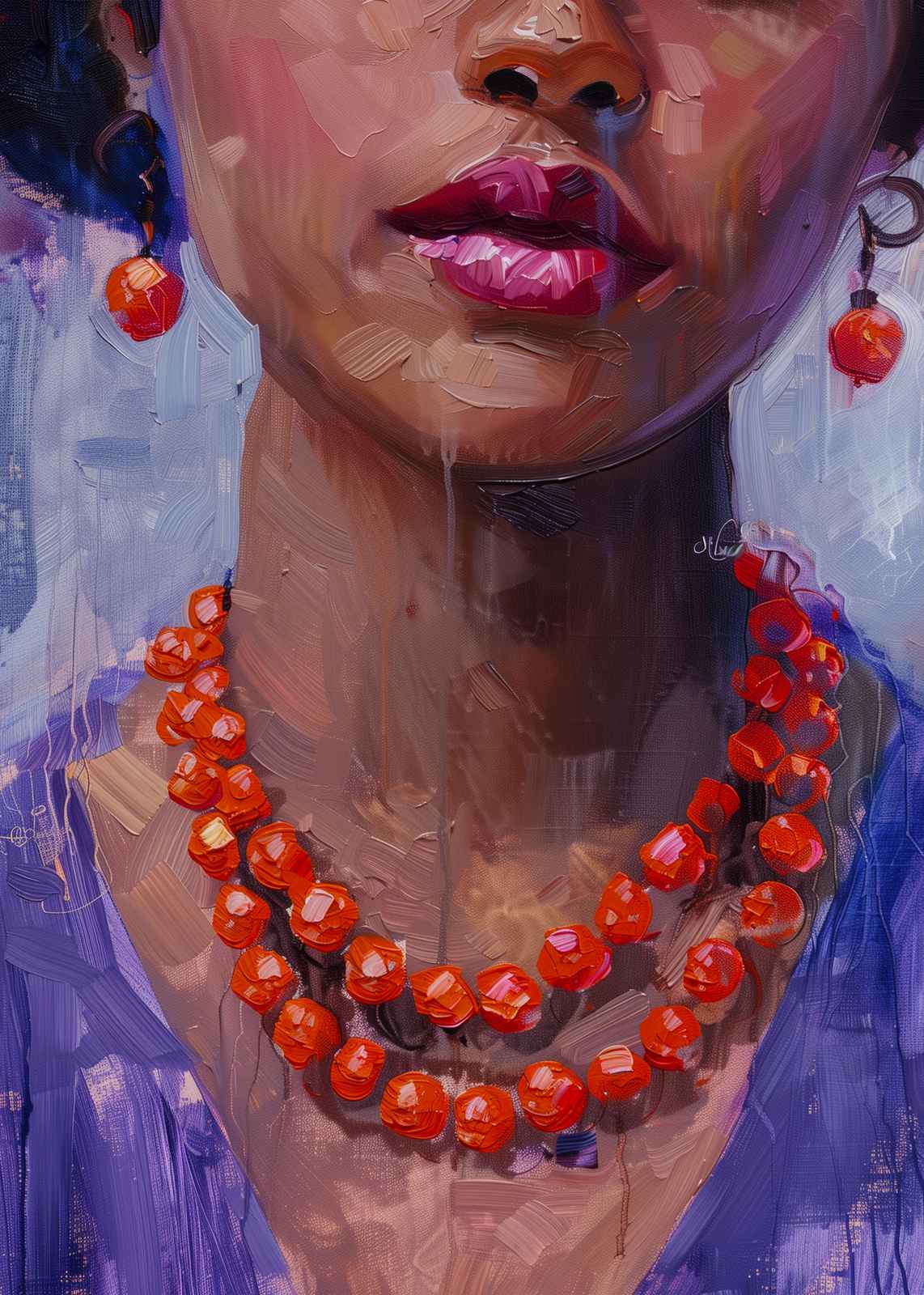 Vibrant Portrait of Woman with Red Beads Wall Art