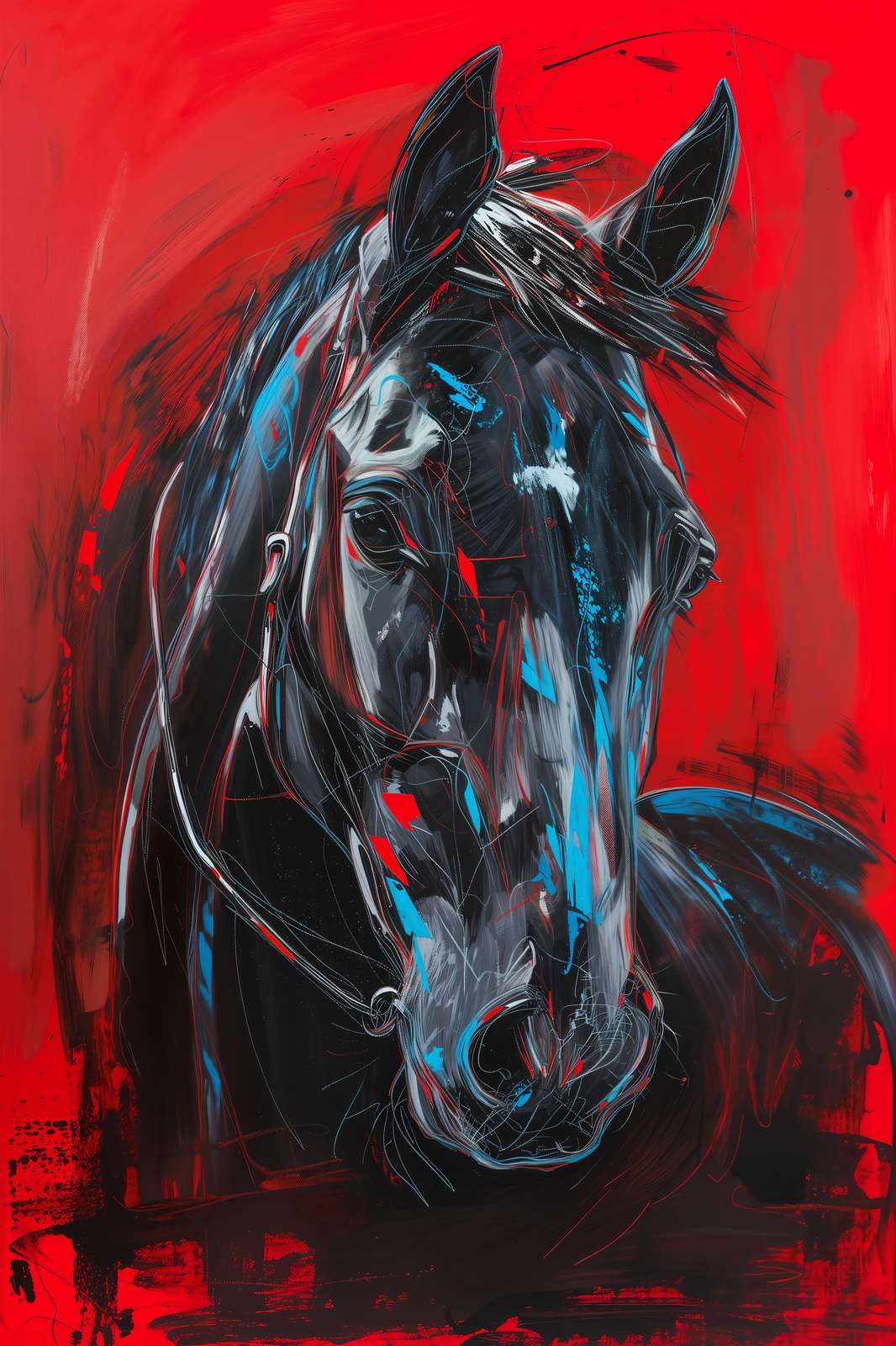 Bold Black Stallion Red Abstract Wall Art
