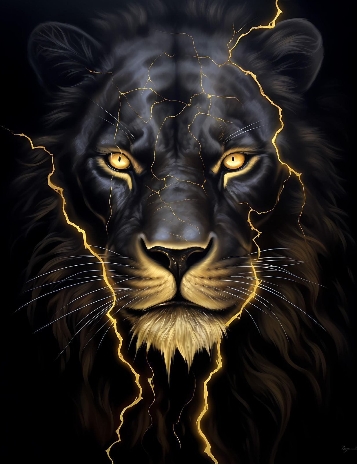 Majestic Black Lion Gold Lightning Wall Art