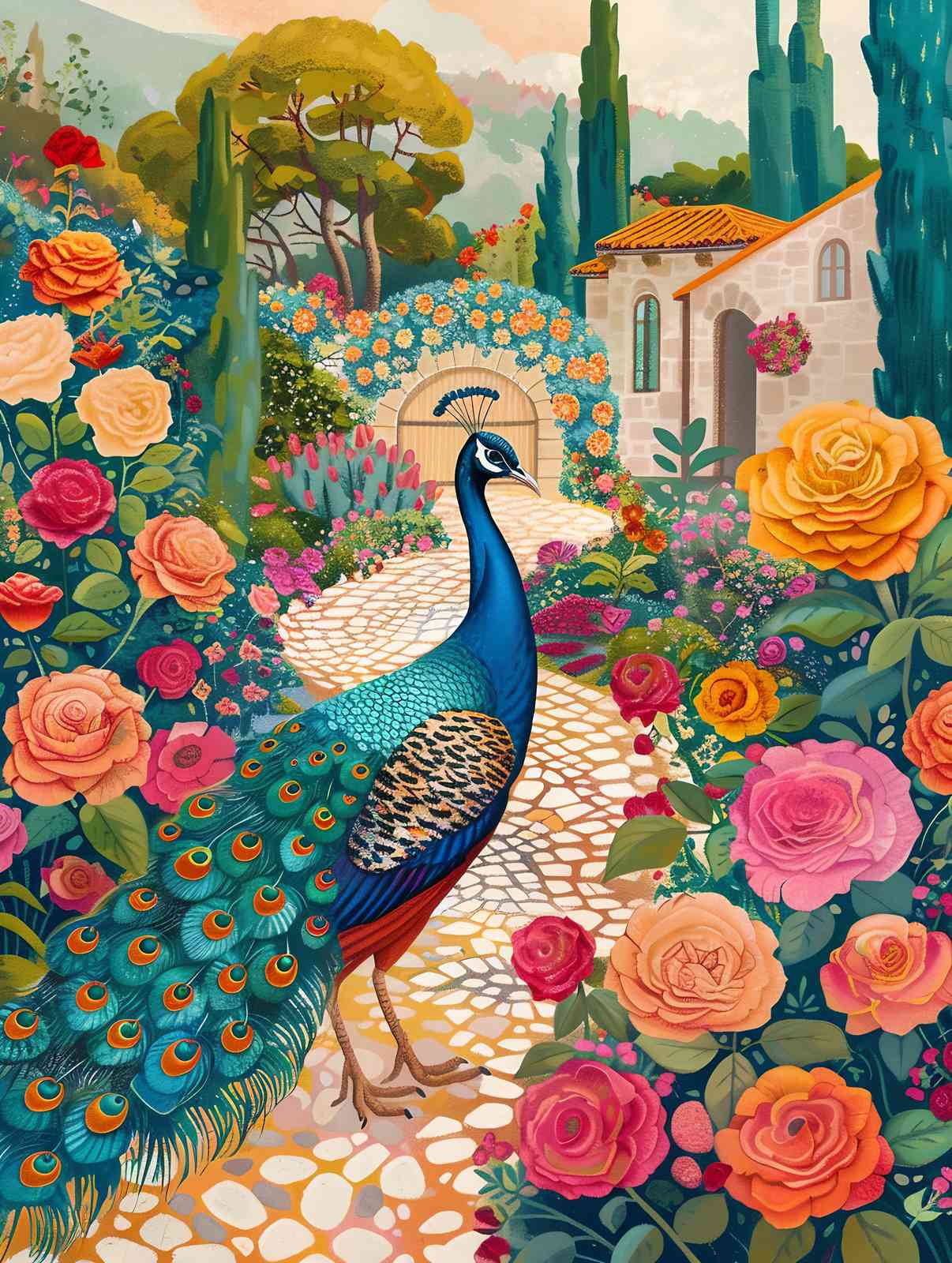 Vibrant Peacock Garden Scene Wall Art