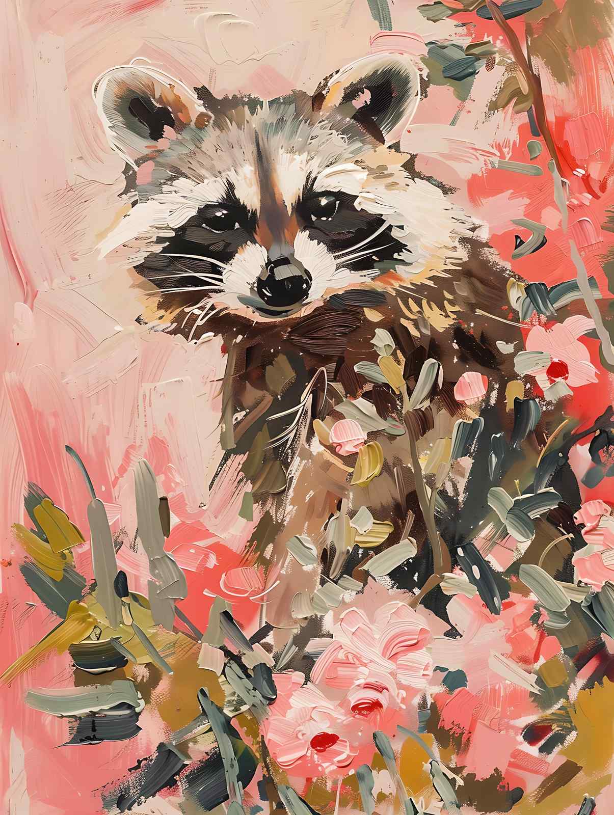 Charming Raccoon Floral Oil Painting Wall Art