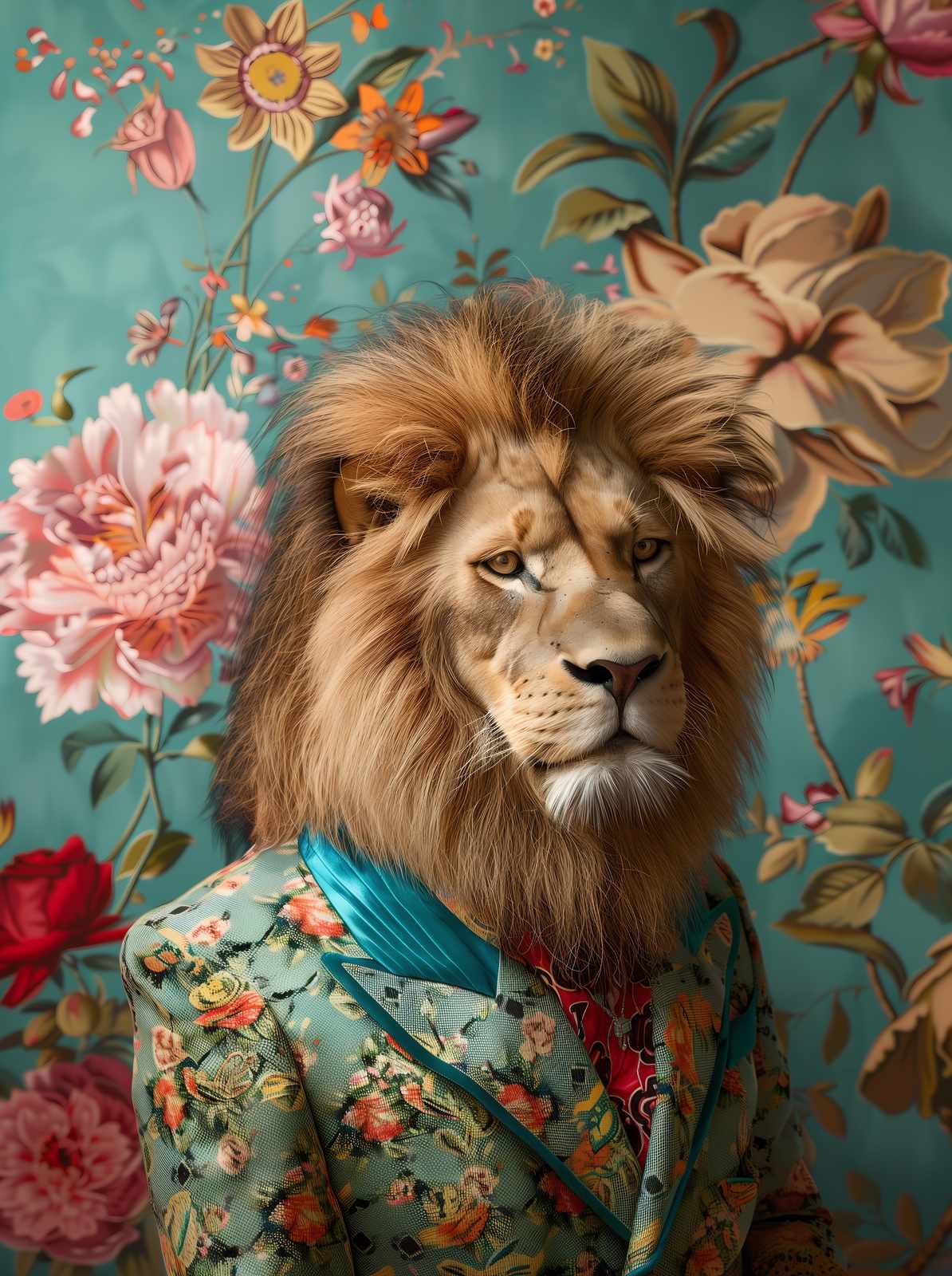 Regal Lion Portrait Floral Jacket Wall Art