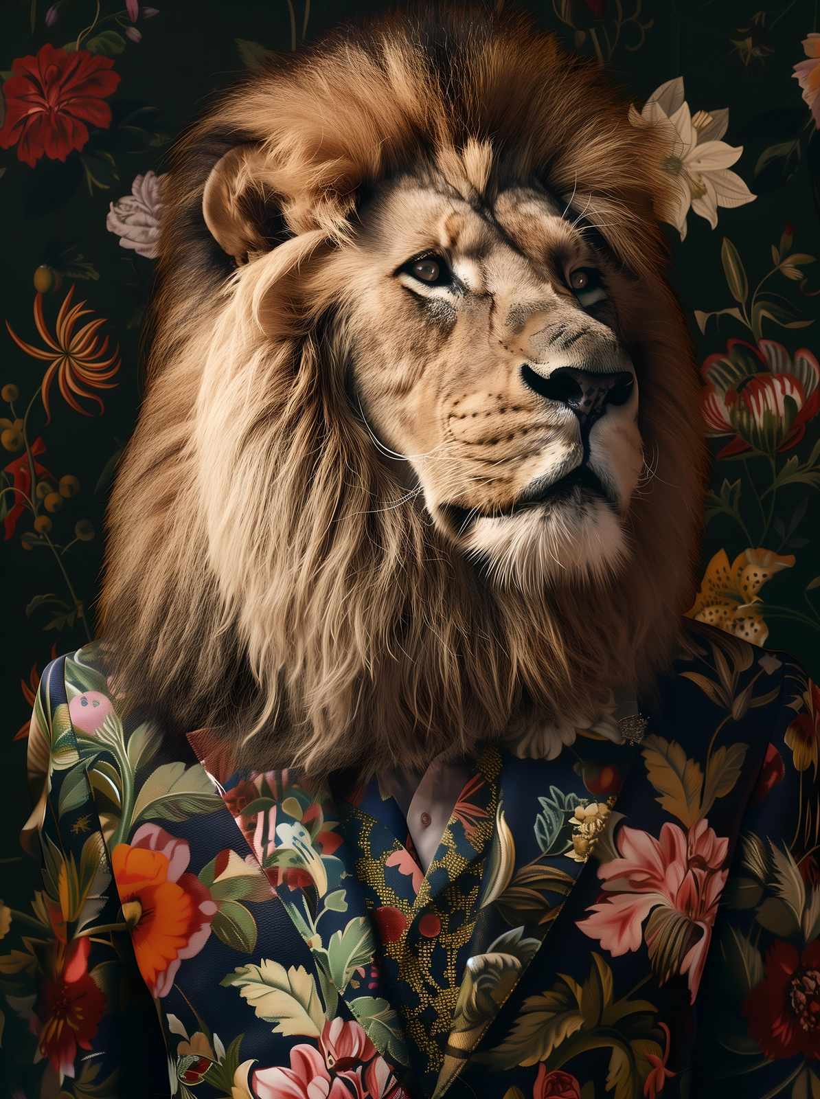 Regal Lion Floral Suit Wall Art